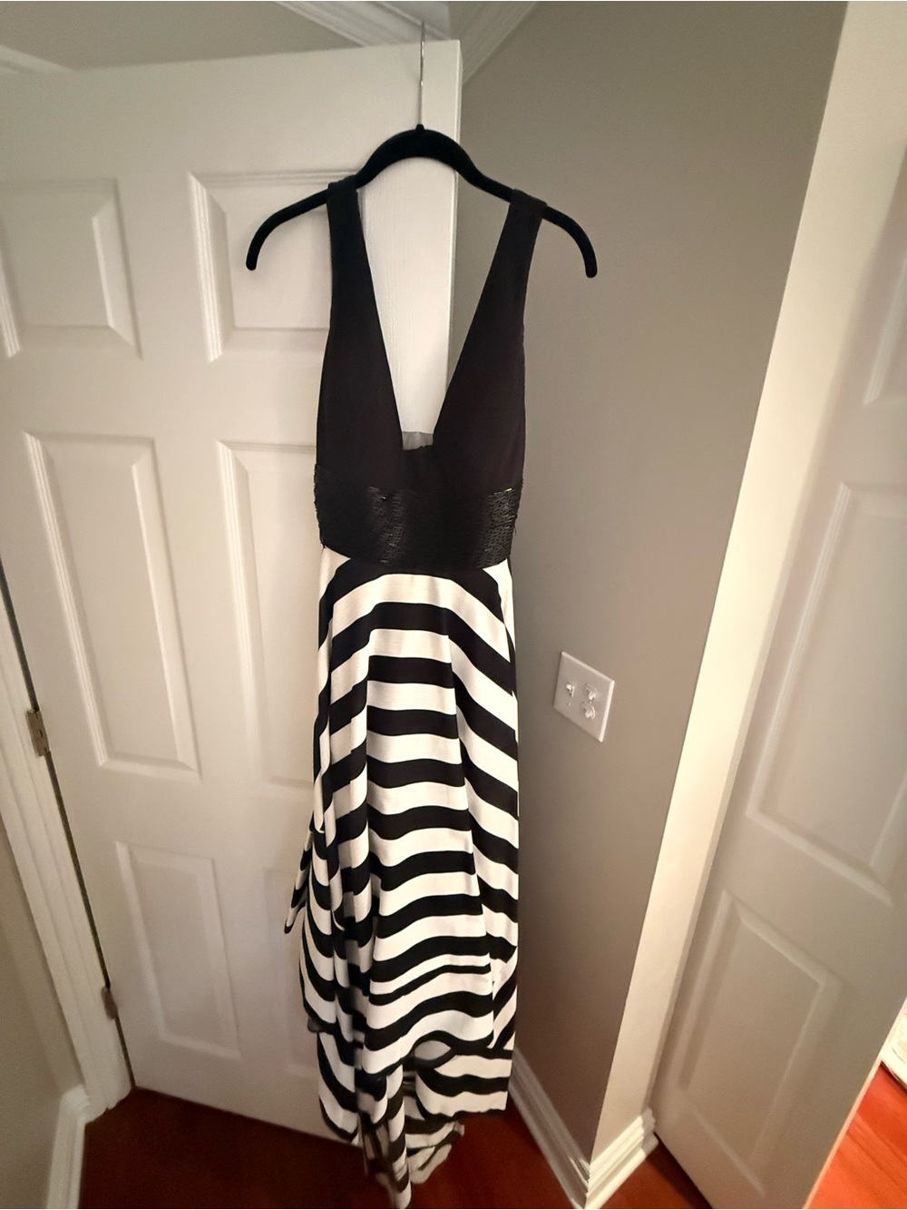 Jovani Black and White One-Shoulder Striped Maxi Dress
